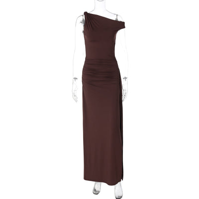 Women Clothing Spring Summer Slim Diagonal Collar Sleeveless Split Solid Color Dress Women