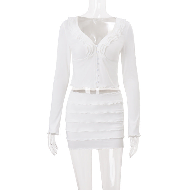 Women Clothing Fall V neck Low Cut Ruffled Hooks Cardigan Top Sheath Skirt Set
