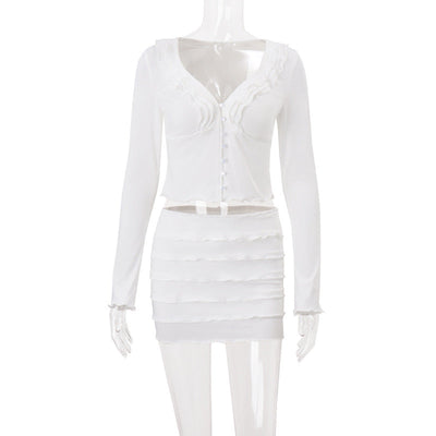 Women Clothing Fall V neck Low Cut Ruffled Hooks Cardigan Top Sheath Skirt Set