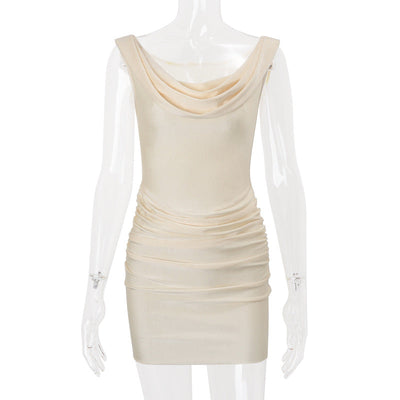 Women Clothing Summer Sexy Overlapping Collar Slim Fit Pleated Solid Color Sheath Dress Women
