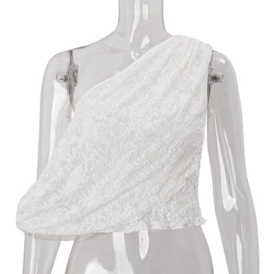 Women Clothing Autumn Sexy One Shoulder Cold Shoulder Irregular Asymmetric Jacquard Vest Top