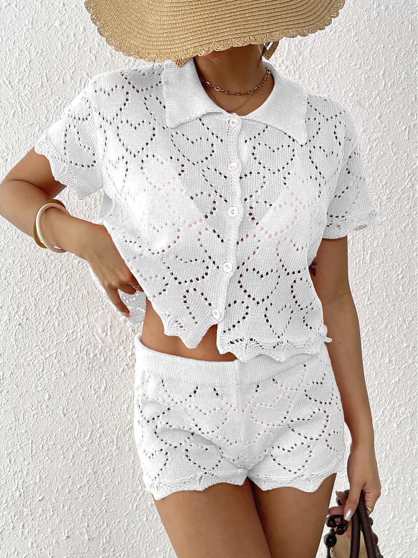 Women Two Piece Sets Beach Cover up Women Clothing Polo Collar Top Mini Hip Pants Shorts Two Piece Sets