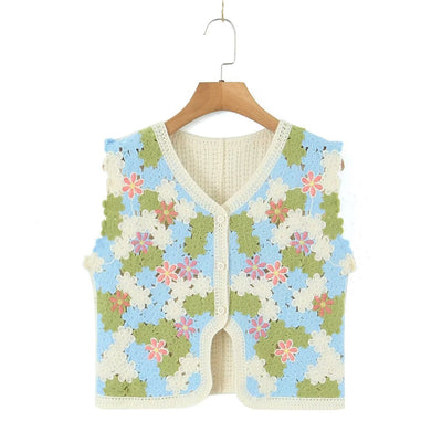 Women Retro Thailand Holiday Floral Vest Cardigan Top Casual All Matching Graceful