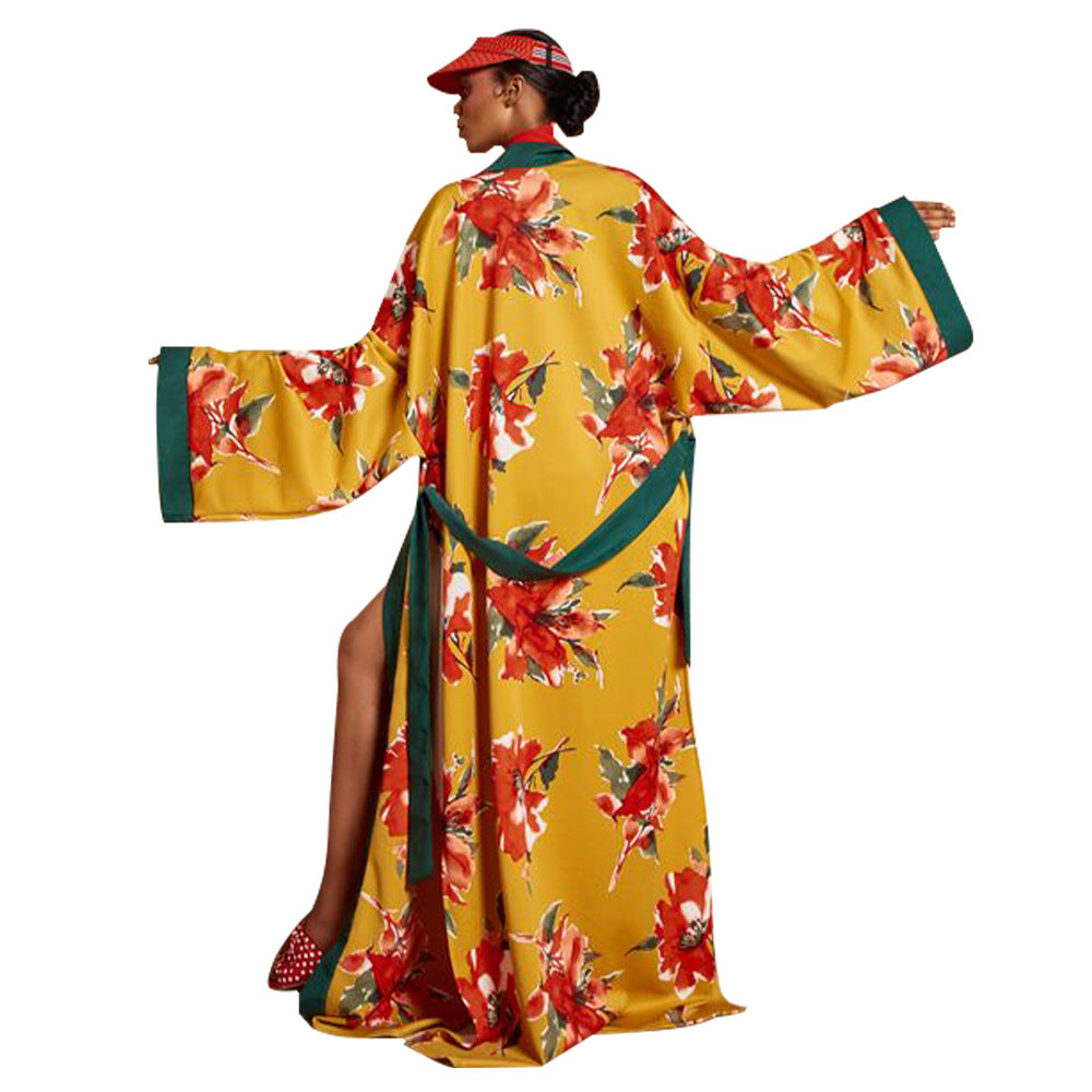 Women Kimono Printed Coat Trench Coat