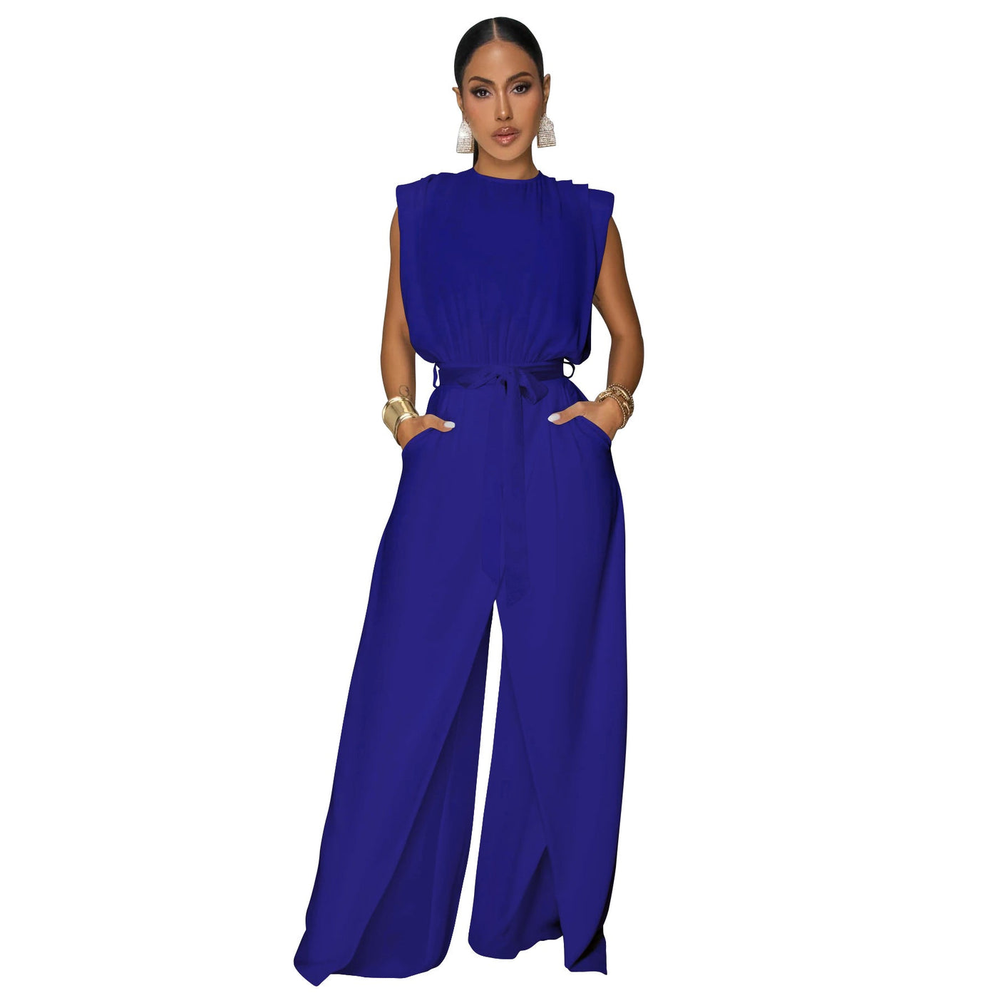 Women Wear Russia Solid Color Sleeveless Fitted Waist Jumpsuit