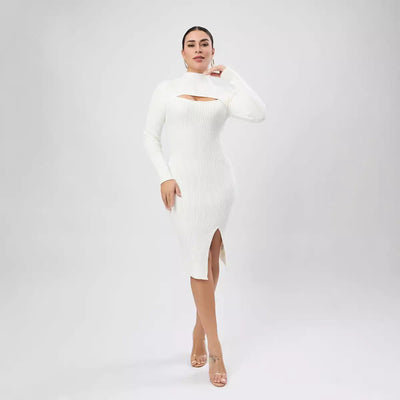 Autumn Women Clothing Half Turtleneck Chest Hollow Out Cutout Design Sweater Skinny Slimming Dress