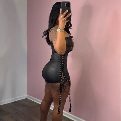 Women Clothing Dress Diagonal Collar Ribbon Hollow Out Cutout out Strap Single Side Long Sleeve Pullover Hip for Women
