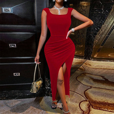 Velvet Party Sexy Elegant Square Collar Lace up Backless Waist Trimming Sheath Dress