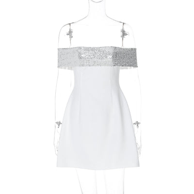 Women Clothing Winter Fashionable Elegant Sexy Slim Fitting Patchwork off the Shoulder Gown Dress