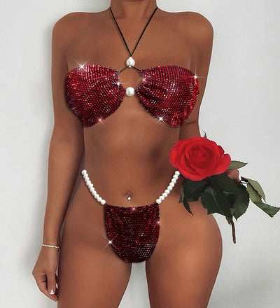 Women Clothes Grid Pearl Shining Diamond Sexy Bikini