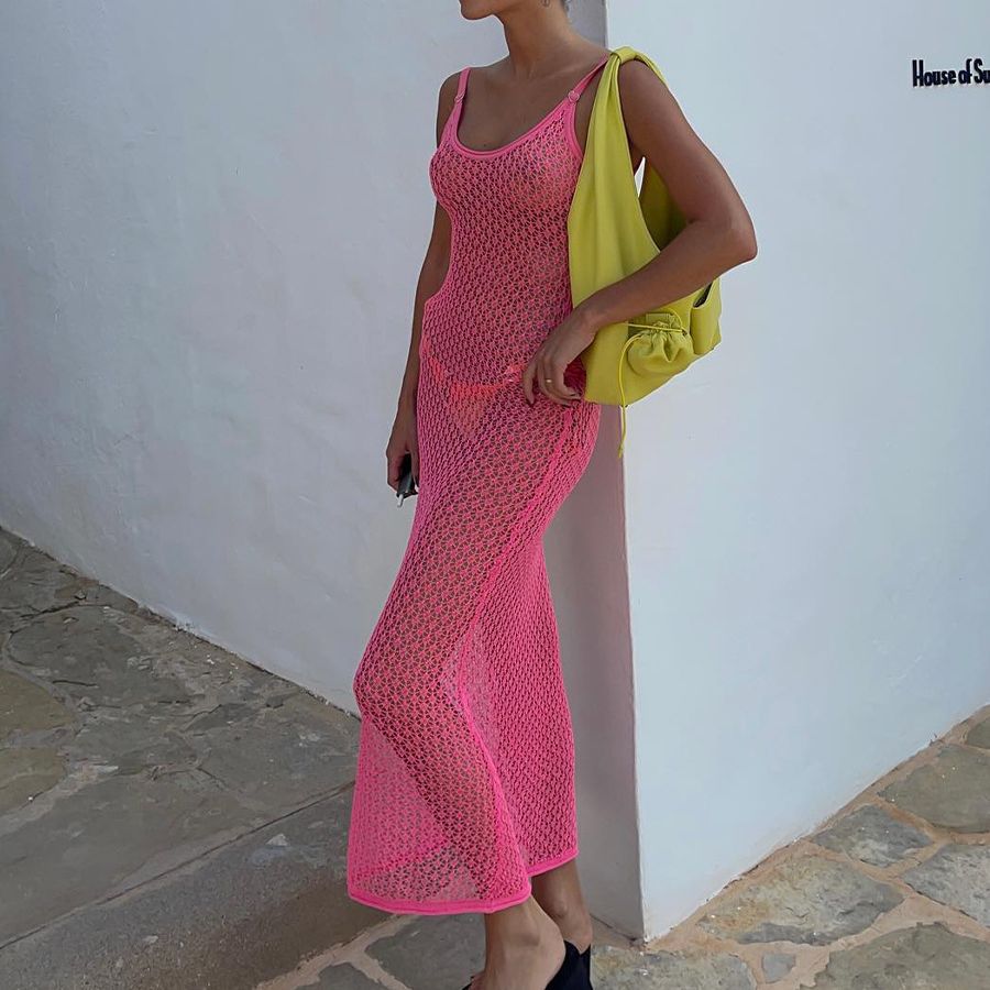 Autumn Winter Beach Dress Women Solid Color Sexy Knitted Hollow Out Cutout Beach Bikini Swimsuit Blouse Sun Protective Clothing