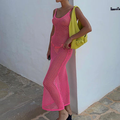 Autumn Winter Beach Dress Women Solid Color Sexy Knitted Hollow Out Cutout Beach Bikini Swimsuit Blouse Sun Protective Clothing