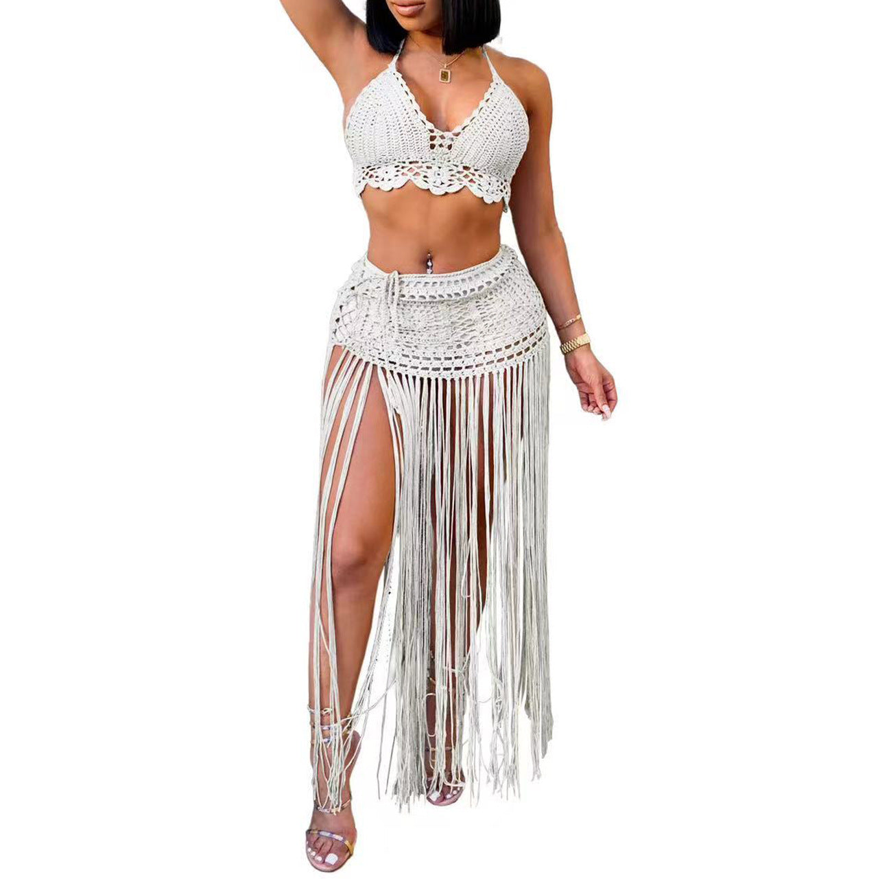 Women Suit Women Clothing Pure Hand Crocheting Beach Bikini Top Lengthened Tassel Skirt Two Piece Set