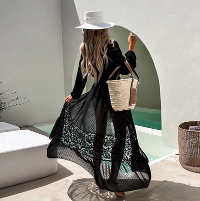 Chiffon Stitching Lace Lace Beach Cover Up Sexy Cardigan Loose Vacation Beach Cover Up