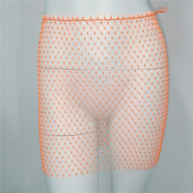 Women Clothing Sexy Fishnet Rhinestone Skirt Sweet Spicy Mini Skirt Rhinestone Miniskirt Women