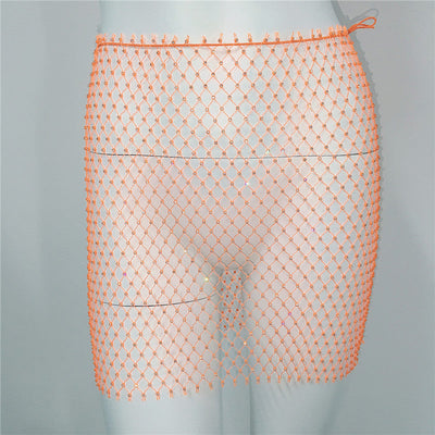 Women Clothing Sexy Fishnet Rhinestone Skirt Sweet Spicy Mini Skirt Rhinestone Miniskirt Women