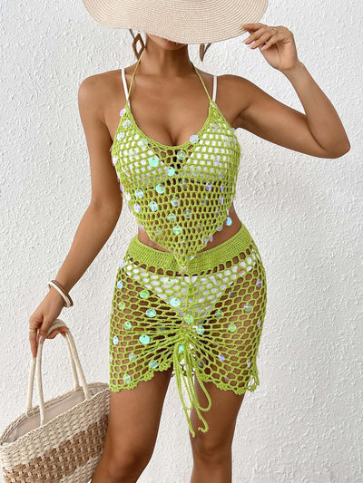 Women Vacation Beach Women Clothing Sequin Stitching Pure Hand Crocheting Bikini Two Piece Sets Blouse