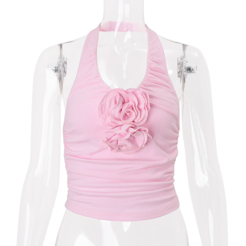 Women Clothing Summer Sexy Pure Want Pleated Floral Decoration Halterneck Vest Top