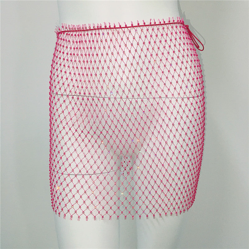 Women Clothing Sexy Fishnet Rhinestone Skirt Sweet Spicy Mini Skirt Rhinestone Miniskirt Women
