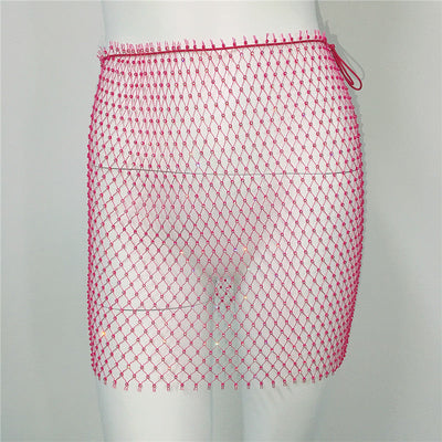 Women Clothing Sexy Fishnet Rhinestone Skirt Sweet Spicy Mini Skirt Rhinestone Miniskirt Women