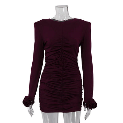 Women Clothing Sexy Nightclub Dress Pullover round Neck Long Sleeves Pleating Skinny Hip