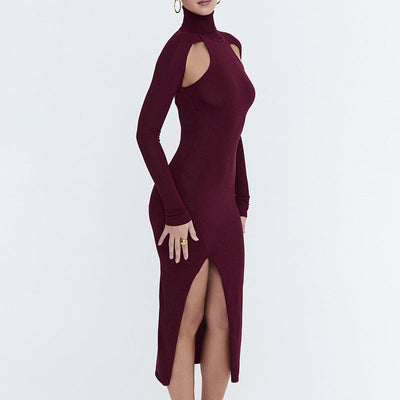 Women Sexy Slim Deep Cerise Hollow Out Cutout Split Mid Length Dress