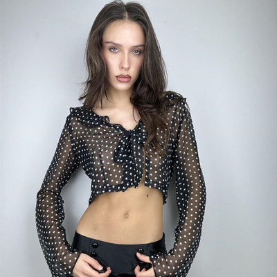 Women Clothing Summer Sexy See through Polka Dot Printed Long Sleeve Elegant Top