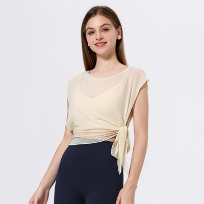 Two Piece Mesh Yoga Clothes Short Sleeve Running Quick Drying Sports Bra One Piece Cup Workout Dance Clothes Top