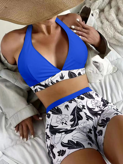 Women Swimsuit Women Split High Waist Boxer Lace Printing Solid Color Stitching Internet Celebrity Swimsuit