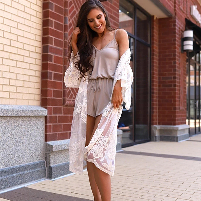 Sexy Grape Silk Embroidered Seaside Vacation Sun Protection Clothing Beach Jacket Bikini Swimsuit Outwear Cardigan for Women