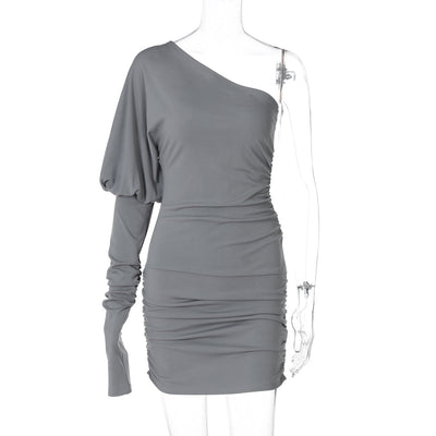 Women Clothing Winter Personality Slim Fit Diagonal Collar Shoulder Bag Hip Dress
