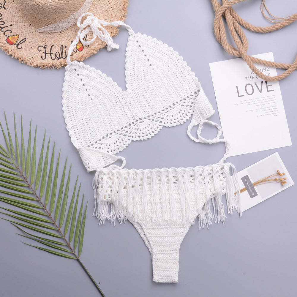Vacation Sexy Characteristic Handmade Crochet Tassel Hollow Out Cutout out Strap Bikini Women Set