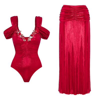 V Neck Solid Color Luminous Fabric One Piece Swimsuit Women