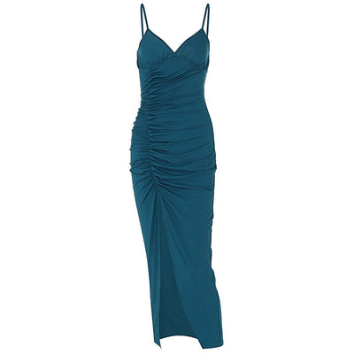 Women Clothing Summer Solid Color Sling Slim Fit Fold Split Dress