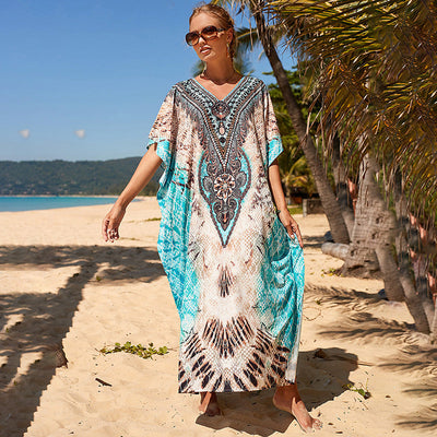 Blue Leopard Dot Loose Vacation Maxi Dress Beach Jacket Sunscreen Robe Beach Cover Up Swimsuit Outwear