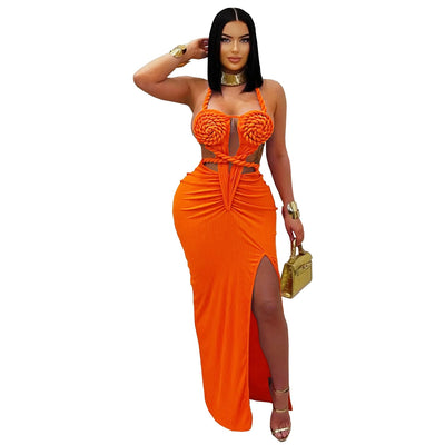 Women Wear Sexy Knitted Halter Backless Solid Color Dress