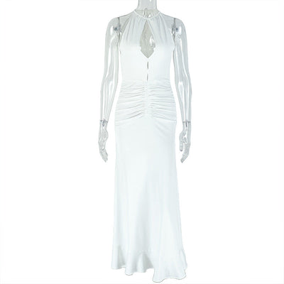 Women Clothing Pleated Sexy Cutout Hip Slim Fit Turtleneck Sleeveless Solid Color Length Dress