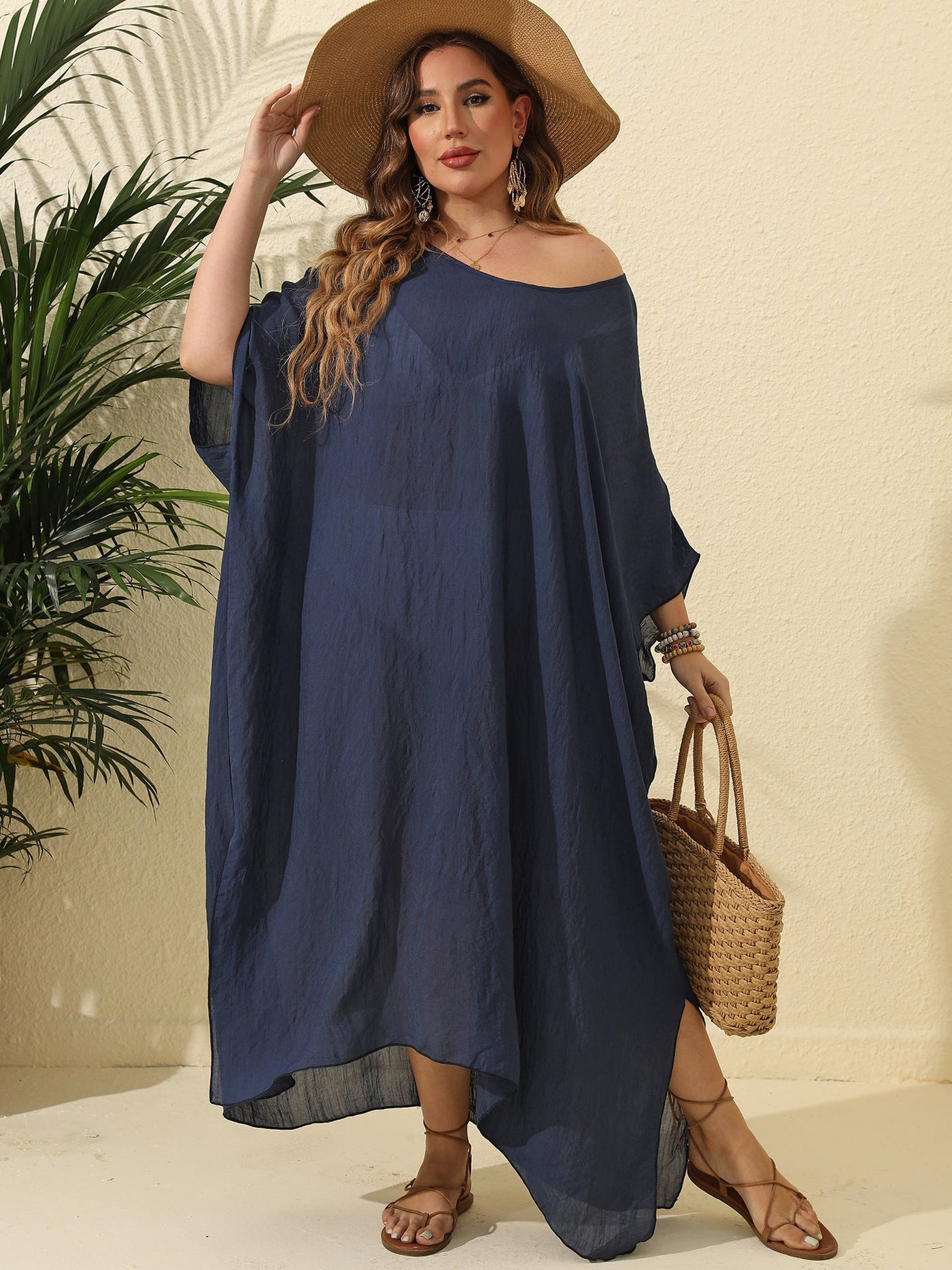 Women Clothes Solid Color Loose Blouse Beach Vacation Split Mop Dress
