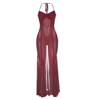 Women Clothing Spring Summer Sexy Mesh Solid Color See through Slim Halter Lace up Dress