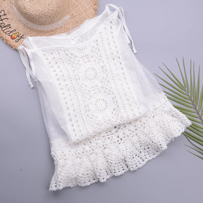 Beach Vacation Hollow Out Cutout out Long Hanging Tassel Beach Mesh Blouse Sun Protection Sling Dress