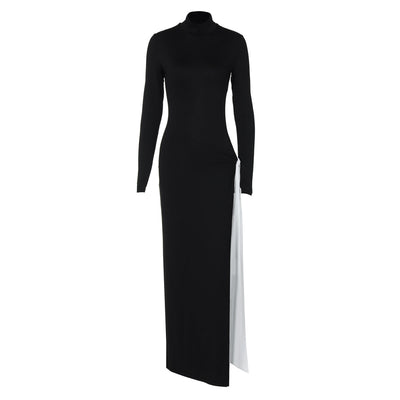Winter Women Clothing High Collar Long Sleeve Sexy Slit Contrast Color Ribbon Dress