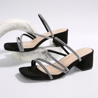Chunky Heel Rhinestone Thin Strap Mid Heel Sandals Women Two Way Square Toe Slippers