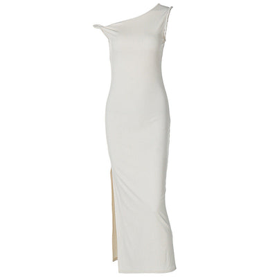 Women Clothing Summer Sexy Oblique Shoulder Slim Fit Slit Dress Women