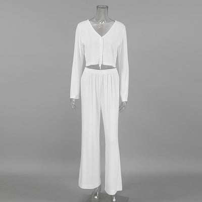 Autumn Winter White Knitted Fabric Jacquard Home Wear Long Sleeves Cropped Trousers Two Piece Soft Pajamas