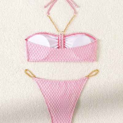 Tube Top Lace up Bikini Swimsuit Women Split Small Chest Push up Big Breasts Sexy Bikini