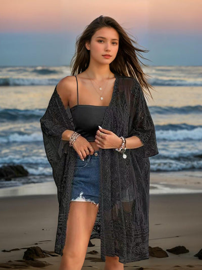 Women's Clothing Sexy See through Water Soluble Lace Embroidered Cardigan Beach Bikini Sun Protective Blouse