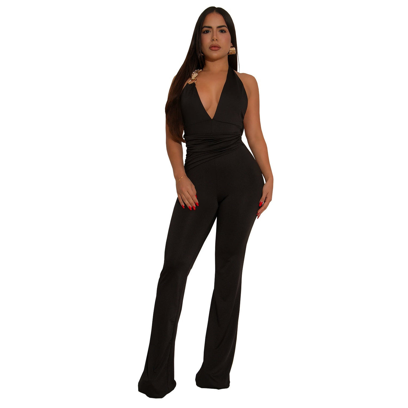 Women Wear Strap Sexy Deep V Plunge Halter Solid Color Jumpsuit