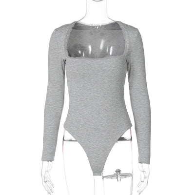 Women Clothing Winter Sexy Square Neck Lace Slim Fit Base Long Sleeve Jumpsuit