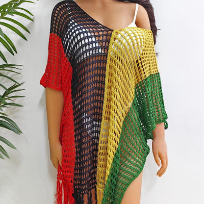 Women Beach Vacation Beach Cover Up Women Clothing Contrast Color Hollow Out Cutout Woven Shirt Sexy Dress