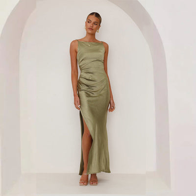 Women Clothing Summer Solid Color Sleeveless Tube Top Maxi Dress Sexy Slim Fit Backless Slit Dress